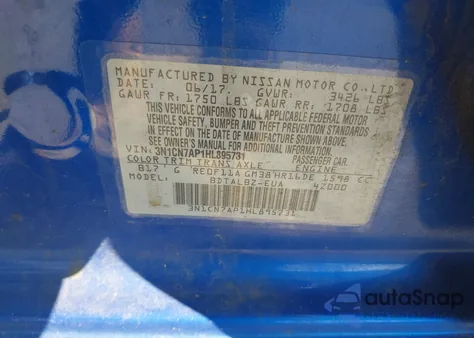 2017 Nissan Versa 1.6 Sv из США, поврежденный, VIN 3N1CN7AP1HL895731